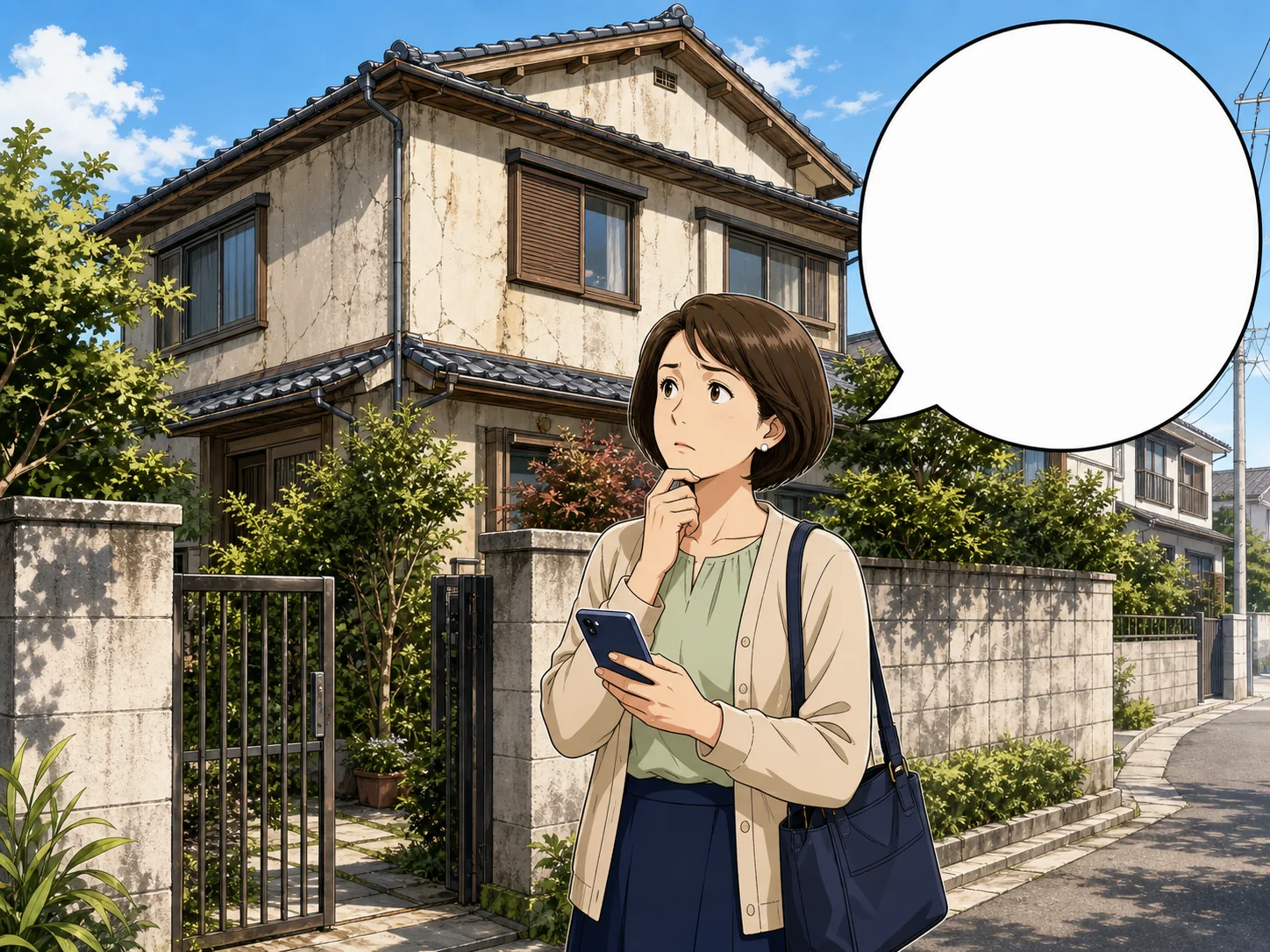 空き家の前で査定先に悩む所有者