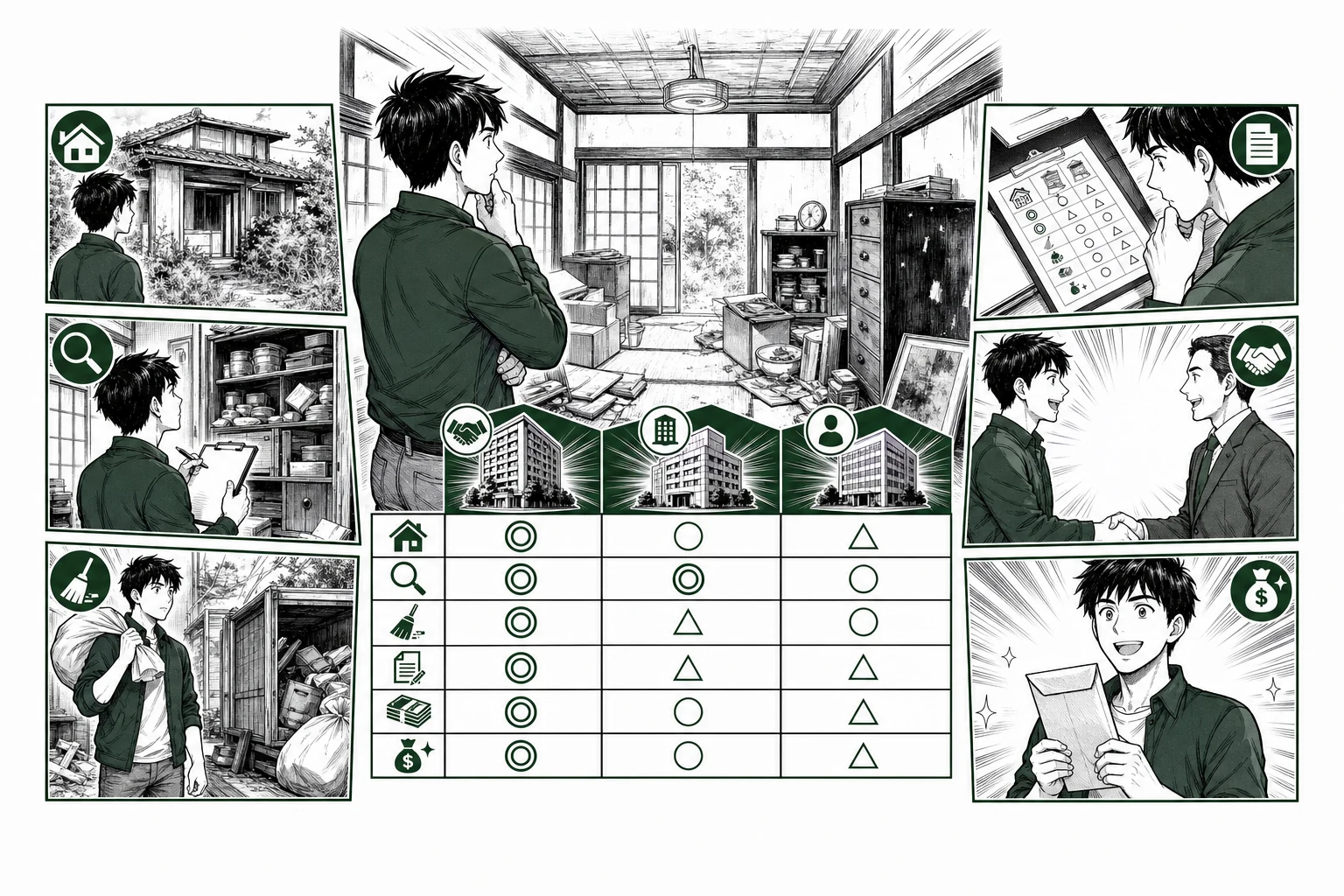空き家買取の現状渡し・残置物・査定根拠・契約条件・手取りを少年漫画誌風に比較した図解