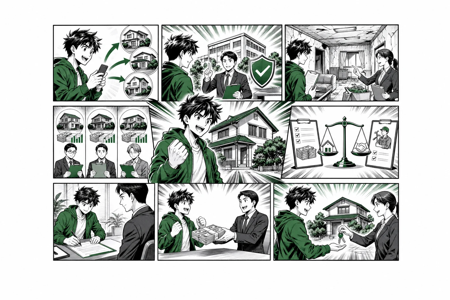 空き家の複数買取査定・業者確認・告知・契約・入金・鍵の引き渡しを示す少年漫画誌風の工程図