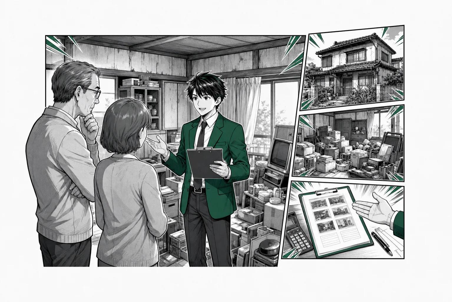 買取業者が残置物のある空き家を現地査定し、所有者に現状渡し条件を説明する場面をオリジナル少年漫画誌風に描いた挿絵