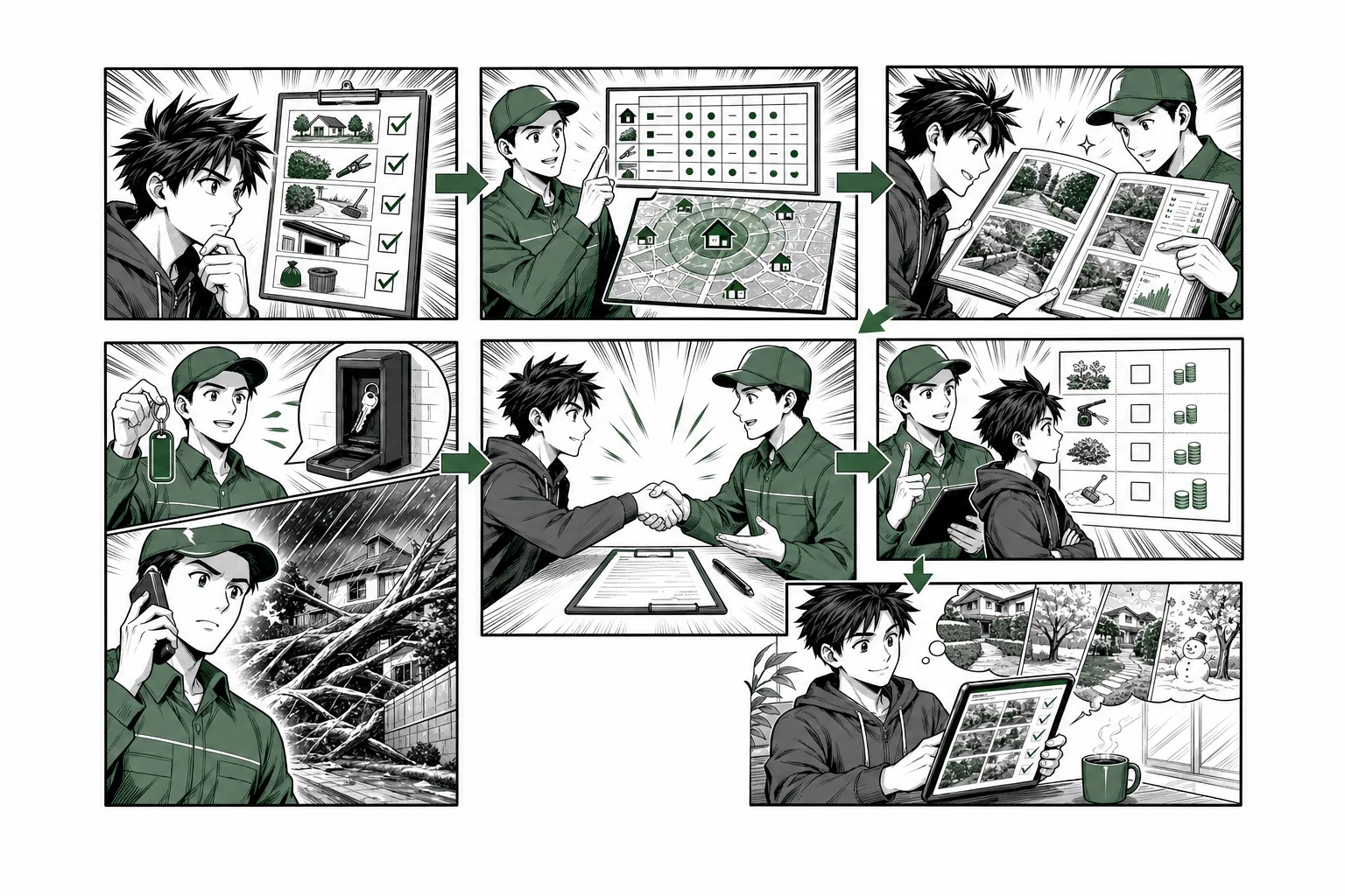 空き家管理サービスの作業決定・対応地域・報告書・鍵管理・緊急対応・追加費用・定期確認を示す少年漫画誌風の工程図