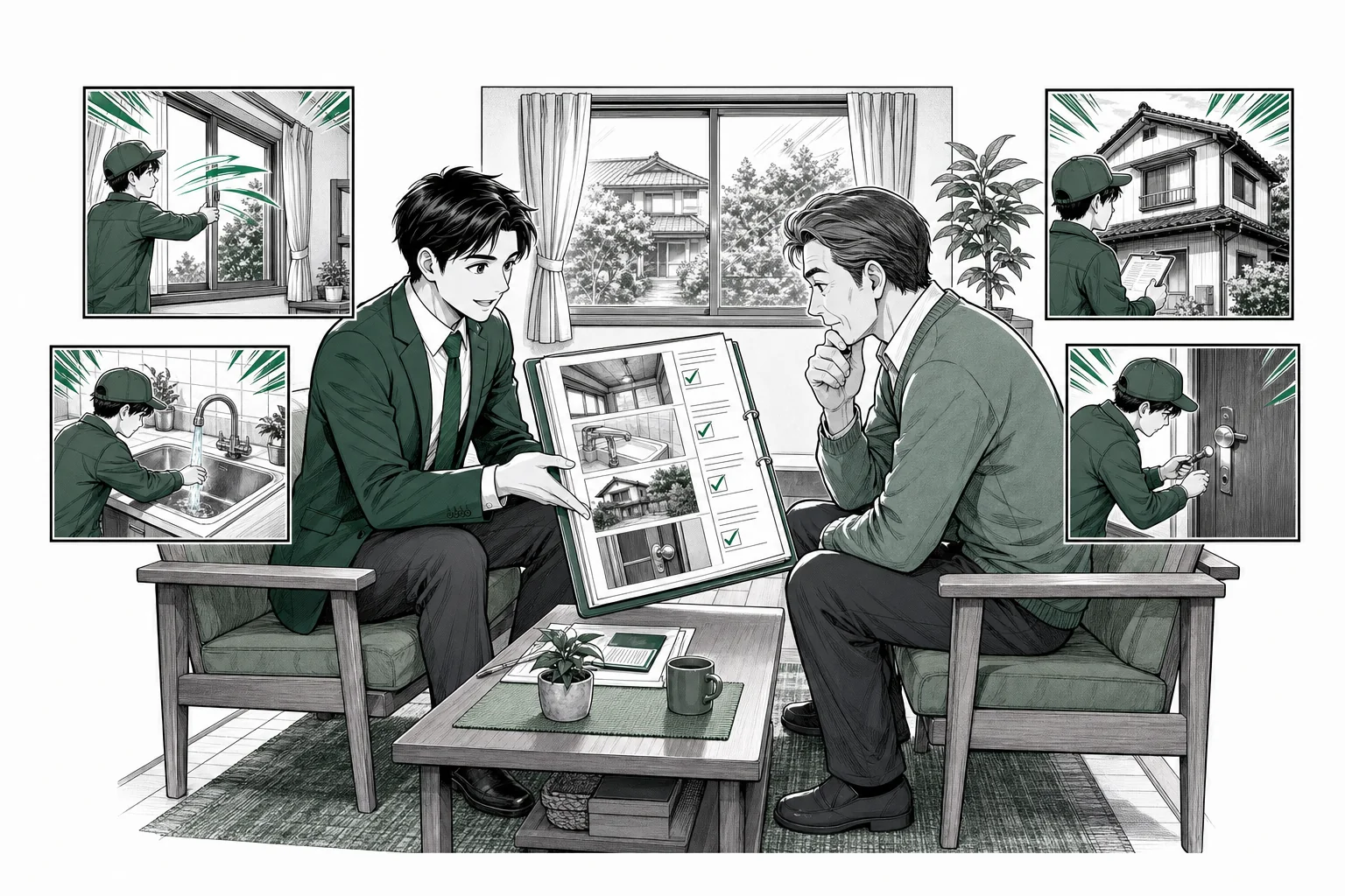 管理会社が写真付き報告書を渡し、所有者が巡回内容と緊急対応を確認する場面をオリジナル少年漫画誌風に描いた挿絵