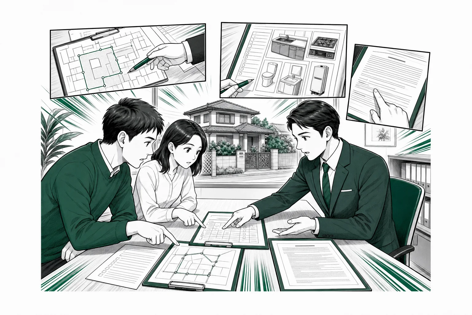 売主と買主が仲介担当者と・境界図・設備表・告知書・契約書を指差しながら引渡し条件まで確認している様子を少年漫画誌風に描いた挿絵