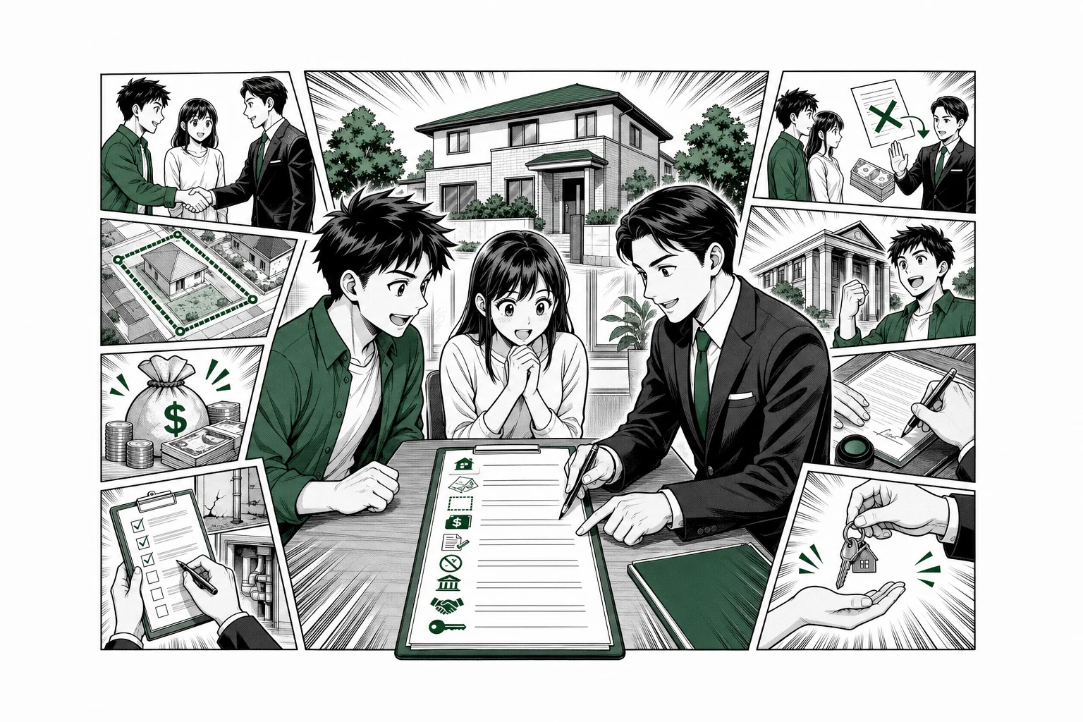 不動産売買契約書の当事者・名義・物件・境界・代金・告知・解除・決済・引き渡しを少年漫画誌風に示した図解
