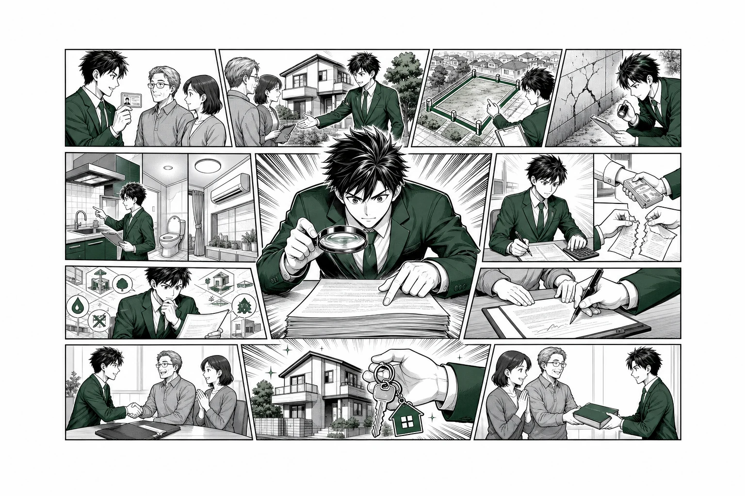 不動産売買契約の本人確認・登記・境界・設備・特約・署名・決済・鍵の引き渡しを示す少年漫画誌風の工程図