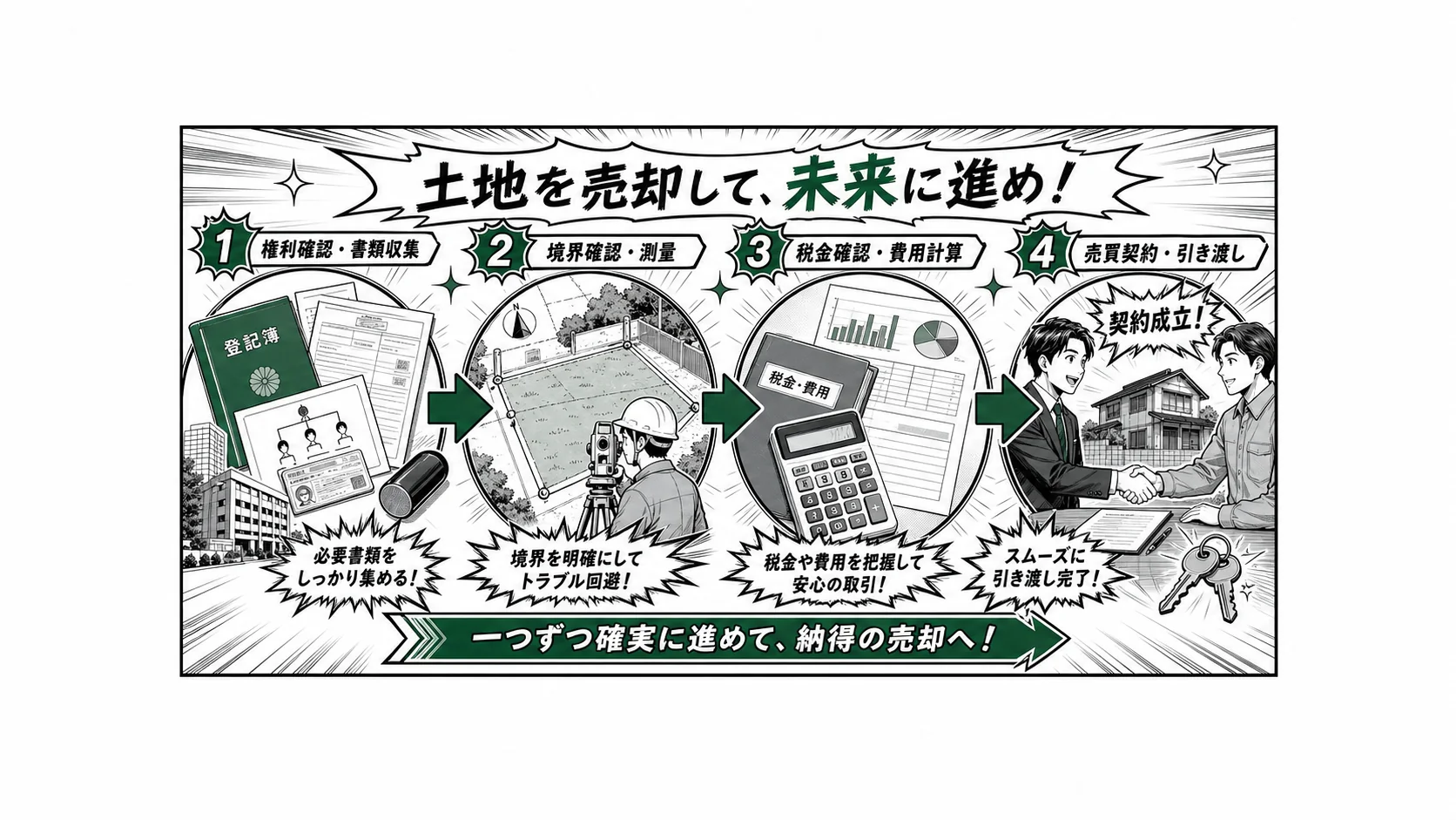 土地売却の税金はいくら？譲渡所得・特例・注意点の判断手順を少年漫画誌風に整理した図解