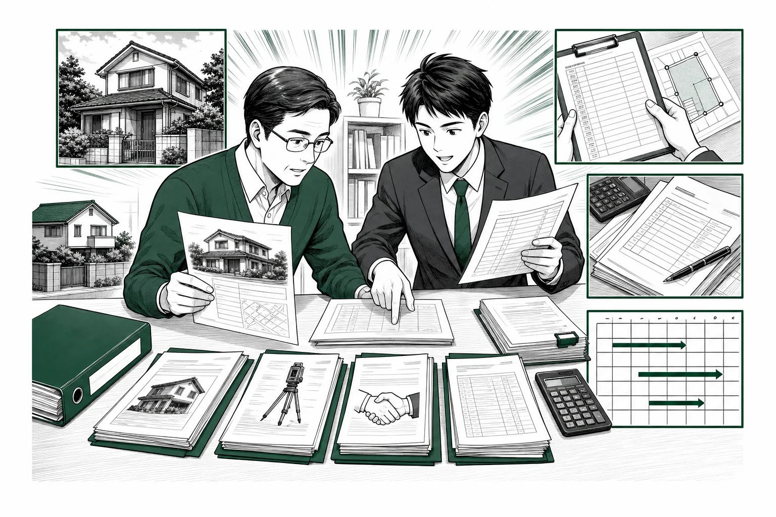 土地所有者と税理士が・購入時の契約書・測量費・仲介手数料・売却明細・保有期間のカレンダーを仕分ける様子を少年漫画誌風に描いた挿絵