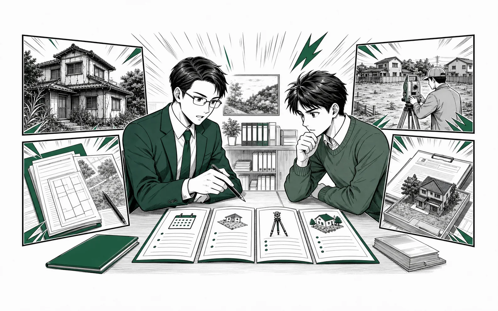 税理士と所有者が土地の所有期間・取得費・測量費・特例を仕分ける場面をオリジナル少年漫画誌風に描いた挿絵