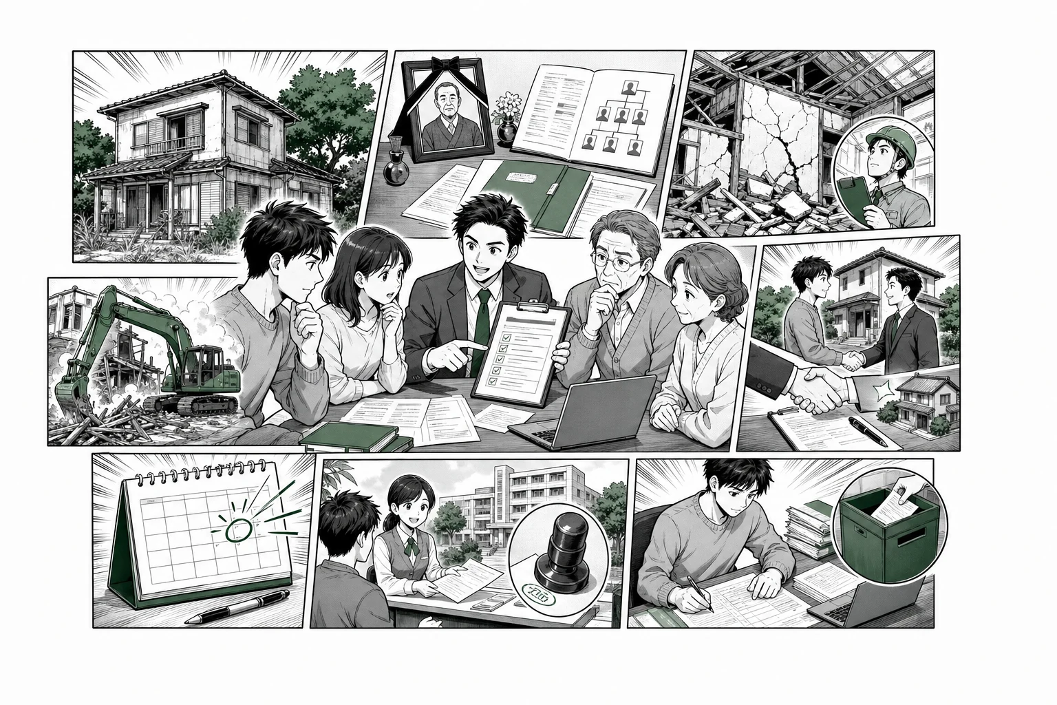 相続空き家の特例条件・居住履歴・耐震または解体・売却期限・自治体書類・申告を少年漫画誌風に示した図解