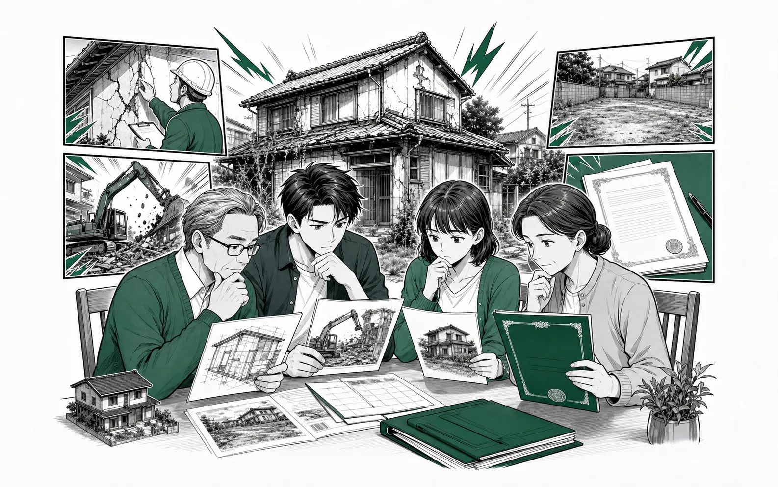 古い実家の耐震確認・解体・売却期限・証明書を家族が順番に確認する場面をオリジナル少年漫画誌風に描いた挿絵