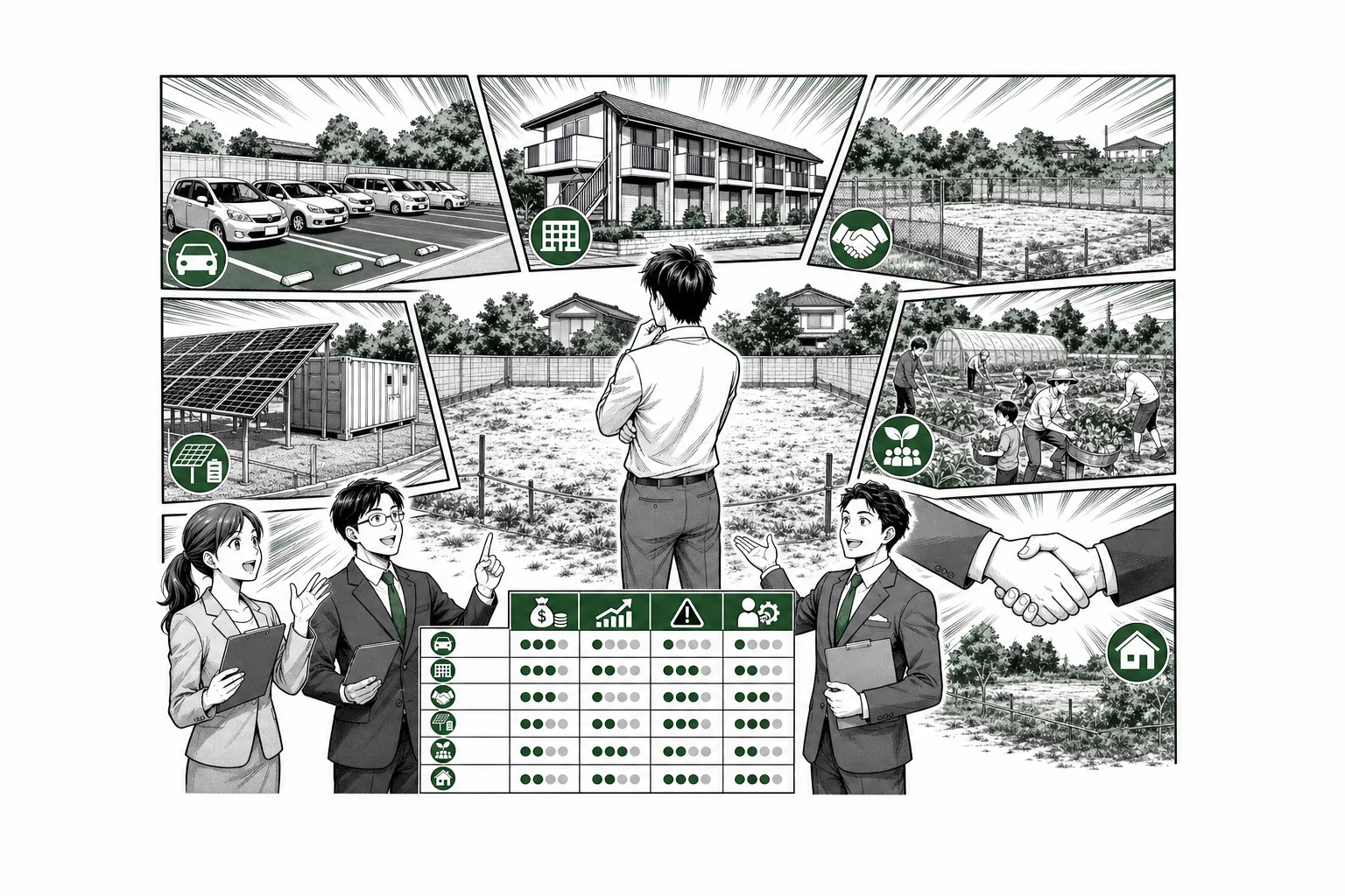 土地の駐車場・賃貸住宅・借地・設備設置・地域利用・売却を少年漫画誌風に比較した図解