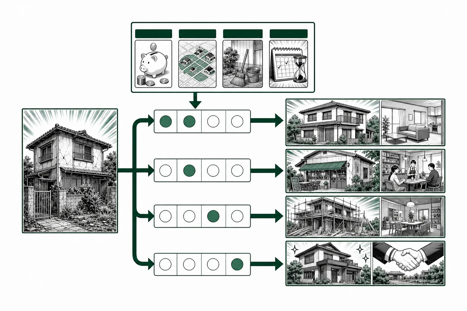 空き家の有効活用方法の判断手順を少年漫画誌風に整理した図解