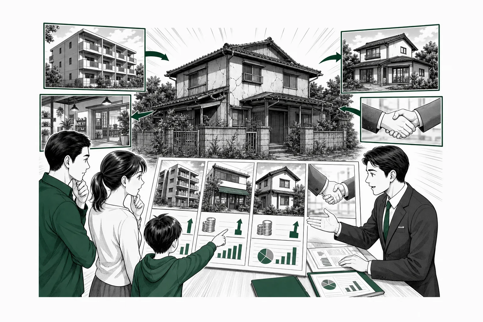家族が空き家の前で・賃貸住宅・店舗・地域拠点・改修後の住まい・売却という4つの将来像と収支資料を比較する様子を少年漫画誌風に描いた挿絵
