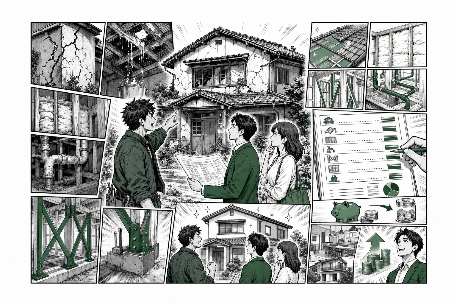 空き家リノベーションの構造・雨漏り・断熱・配管・耐震・見積・予備費を少年漫画誌風に確認する図解