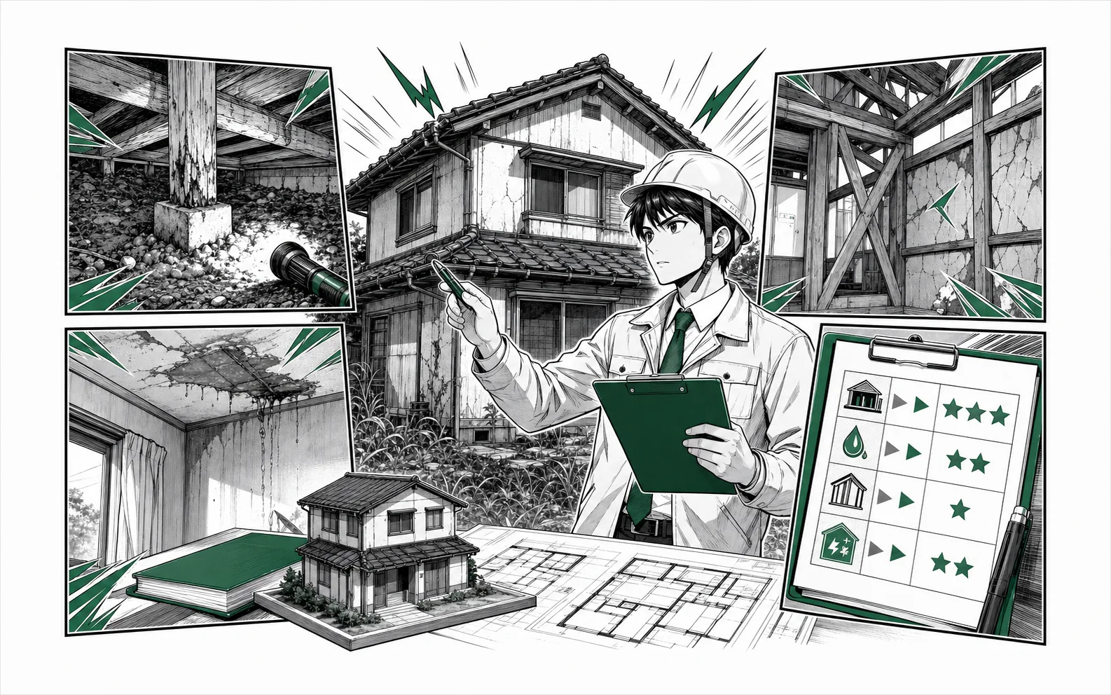 建築士が空き家の床下・雨漏り・耐震・断熱を調査し、改修優先度を示す場面をオリジナル少年漫画誌風に描いた挿絵