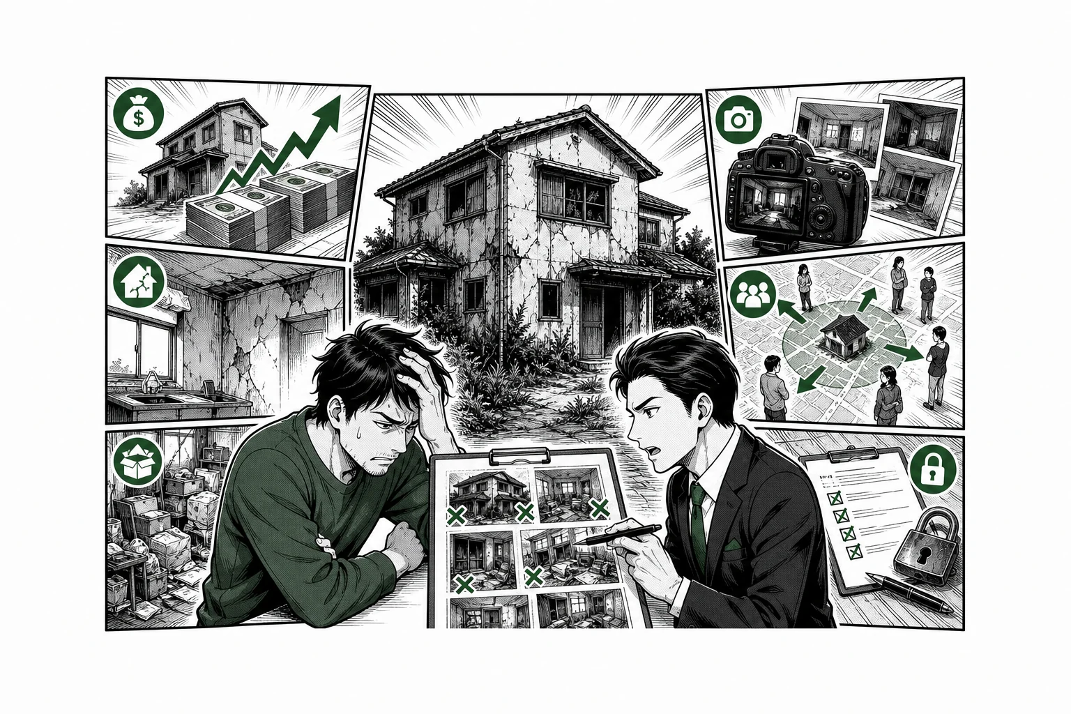 売れない空き家の価格・建物状態・残置物・写真・需要・売却条件を少年漫画誌風に診断する図解