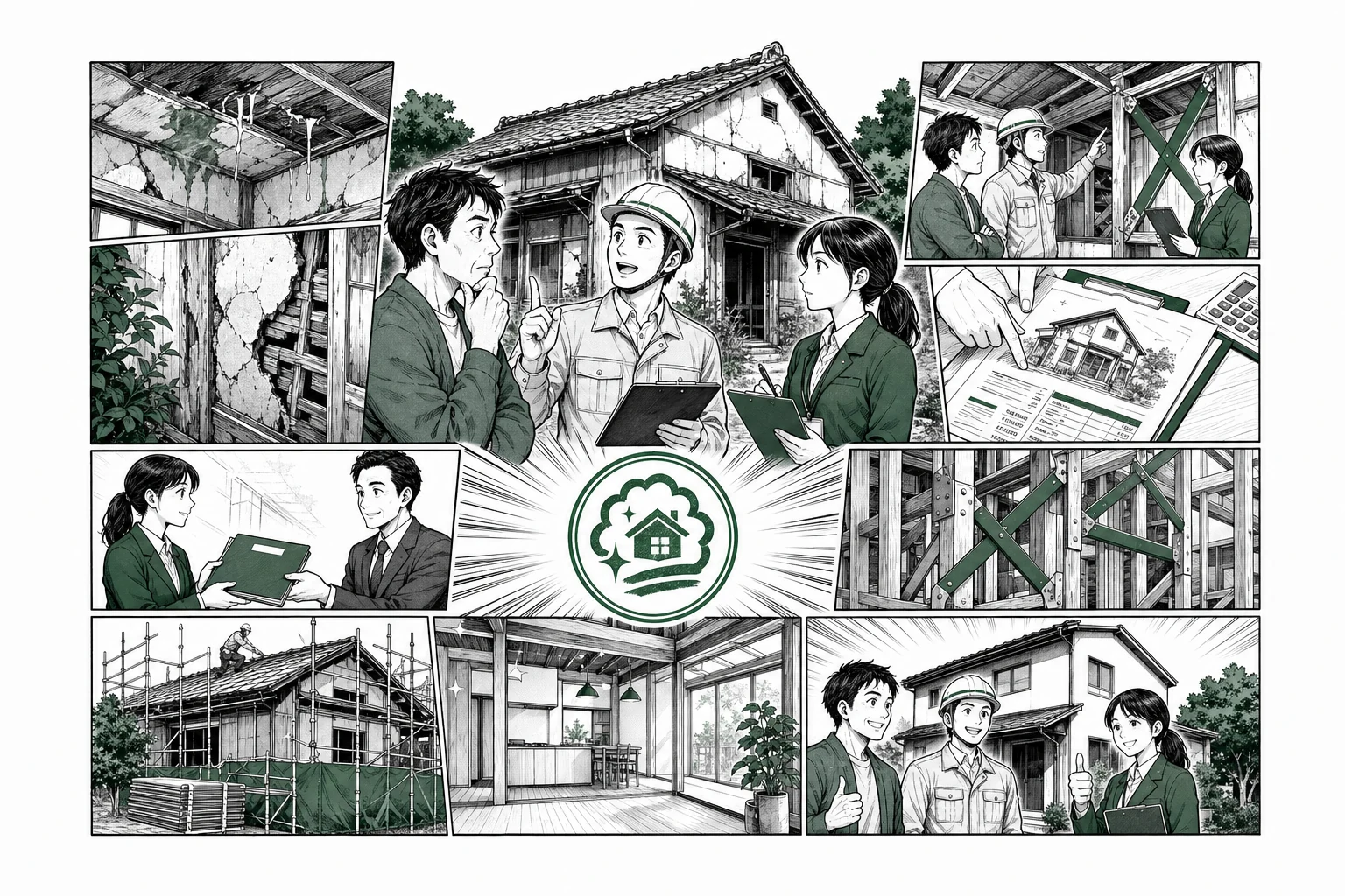 空き家改修補助金の対象工事・耐震・雨漏り・見積・申請・完了検査を少年漫画誌風に示した図解