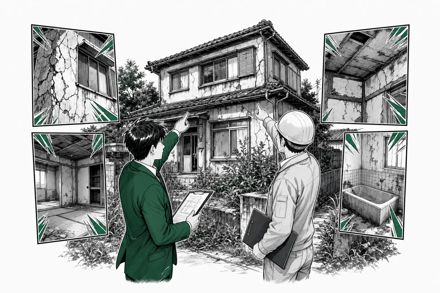 改修前の空き家で所有者と施工業者が補助対象箇所を指差し確認する場面をオリジナル少年漫画誌風に描いた挿絵