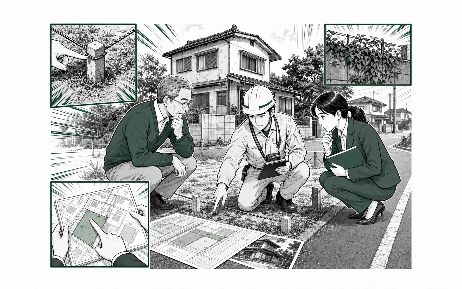 土地所有者と測量士と不動産担当者が・現地の境界杭・接道・越境・測量図を確認し・売却準備を進める様子を少年漫画誌風に描いた挿絵