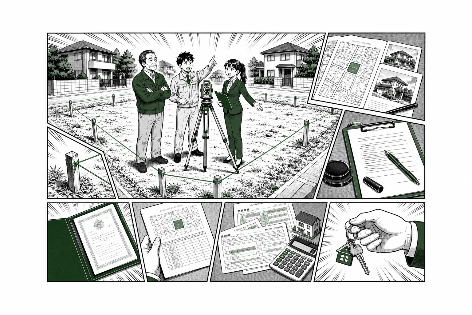土地売却の境界・測量・名義書類・査定・契約・税金・引き渡しを少年漫画誌風に示した図解