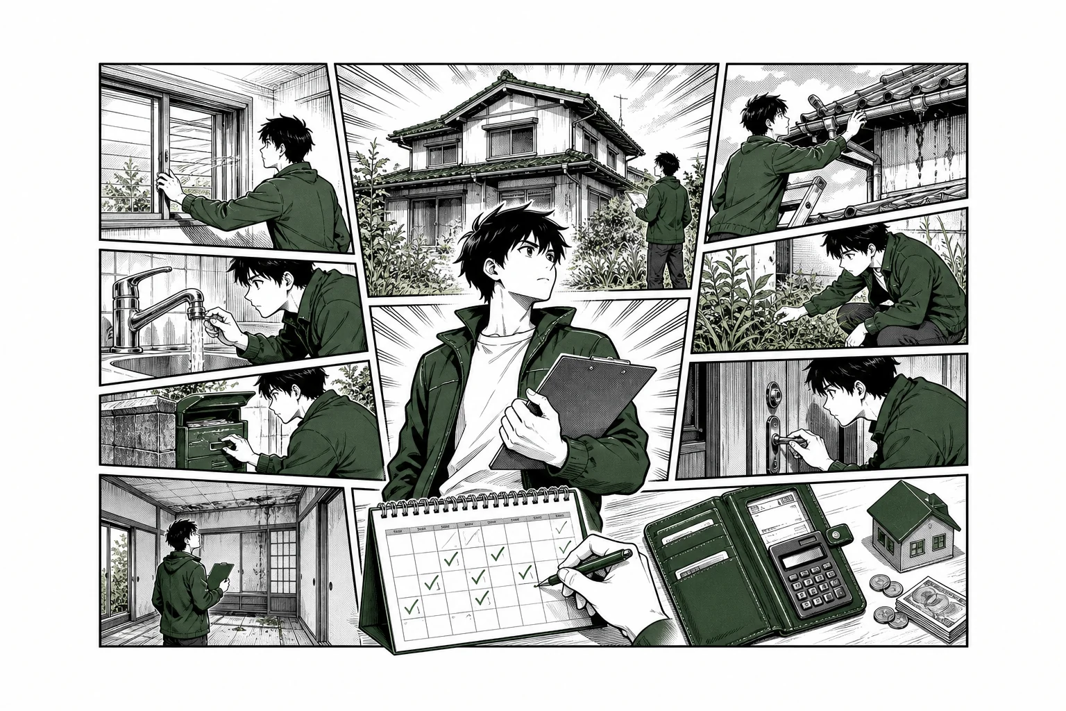 空き家の換気・通水・屋根・草木・郵便受け・施錠・点検費用を少年漫画誌風に示した図解