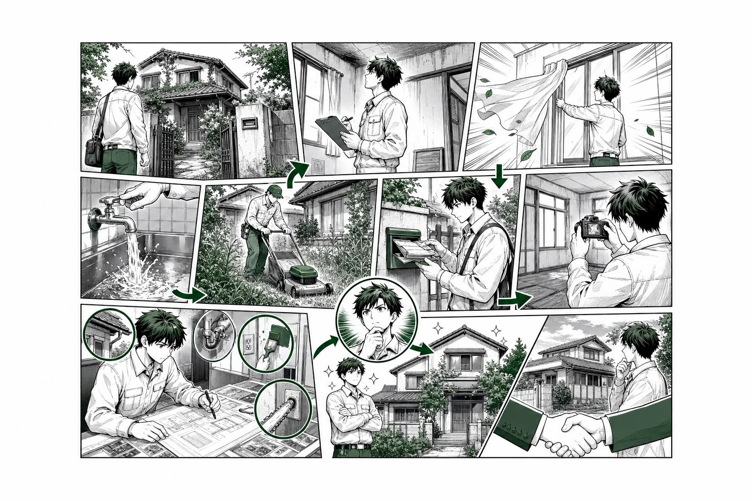 空き家の点検・換気・通水・草刈り・郵便回収・写真記録・修繕・売却判断を示す少年漫画誌風の工程図