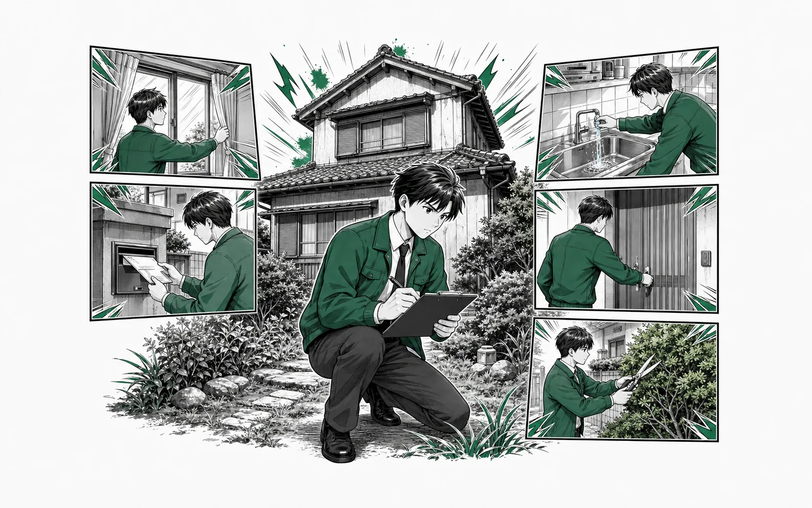 管理担当者が空き家の換気・通水・郵便・施錠・庭木を巡回点検する場面をオリジナル少年漫画誌風に描いた挿絵