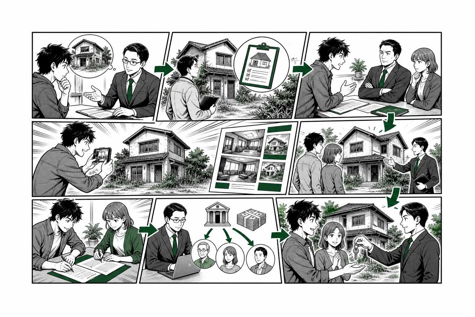 空き家の任意売却で金融機関相談・査定・同意・販売・契約・配分・引き渡しを示す少年漫画誌風の工程図
