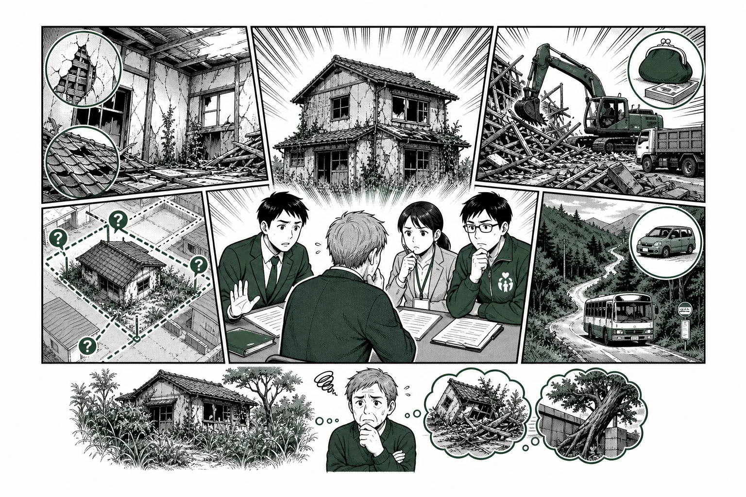 空き家寄付で受け入れを難しくする修繕・解体・境界・立地・管理負担を示した図解
