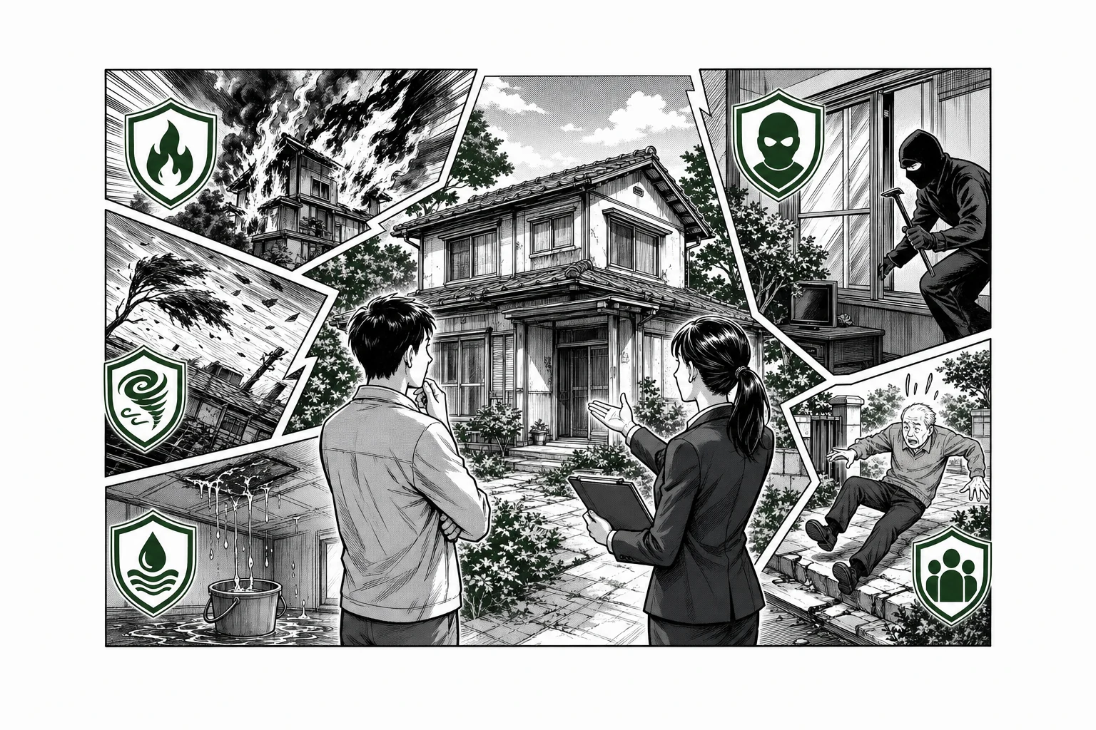 空き家保険の火災・風災・水漏れ・盗難・賠償リスクを少年漫画誌風に示した図解