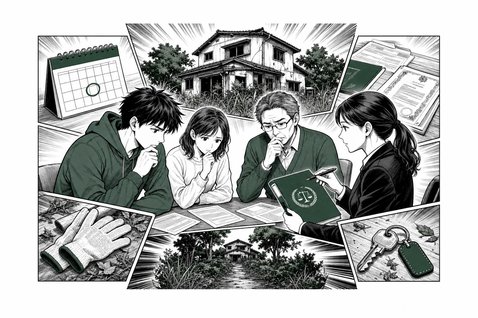 相続放棄を検討する家族が期限・必要書類・空き家の管理責任を専門家へ相談する少年漫画誌風の図解