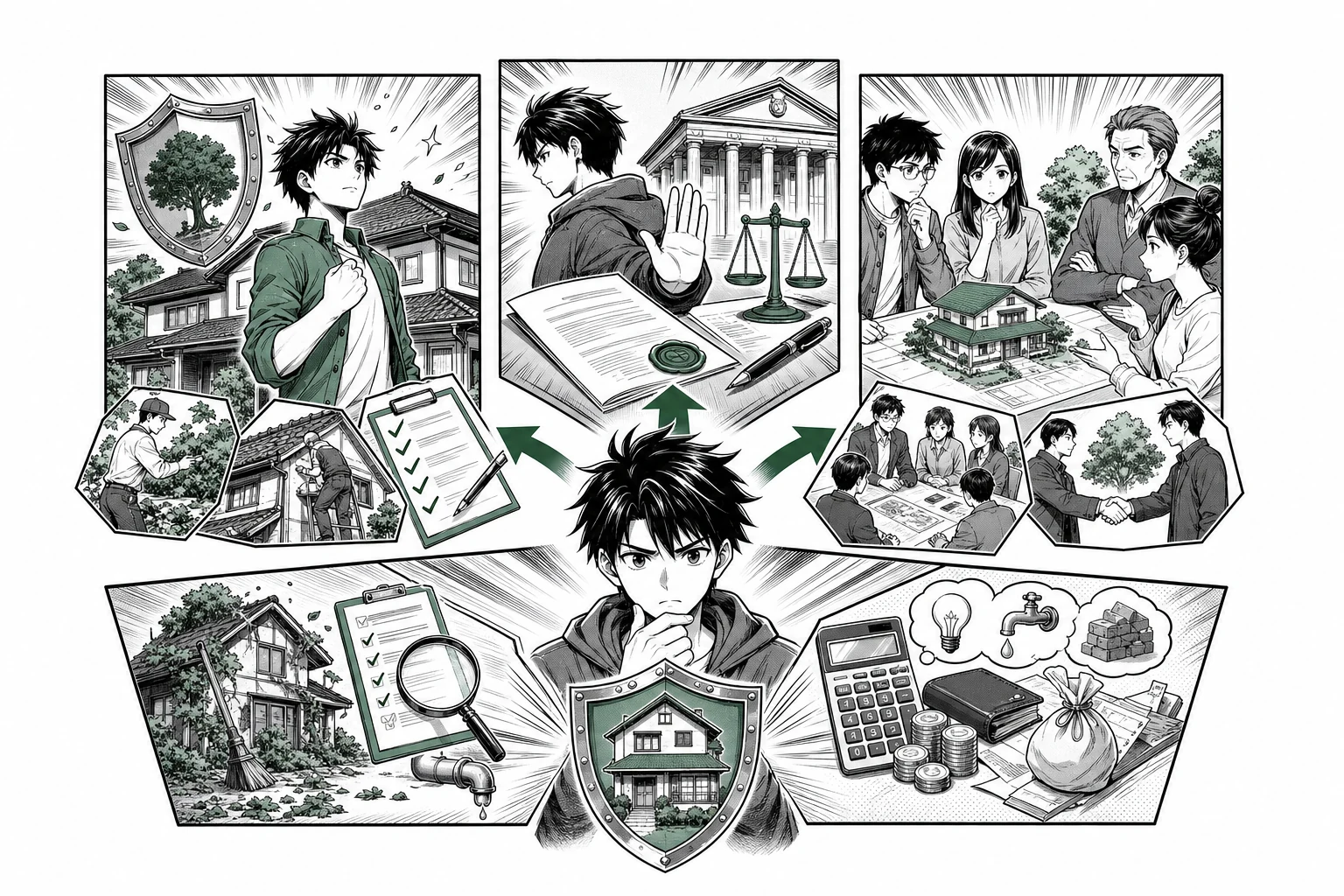 空き家を相続して管理・売却するか相続放棄するか家族と検討する少年漫画誌風の分岐図