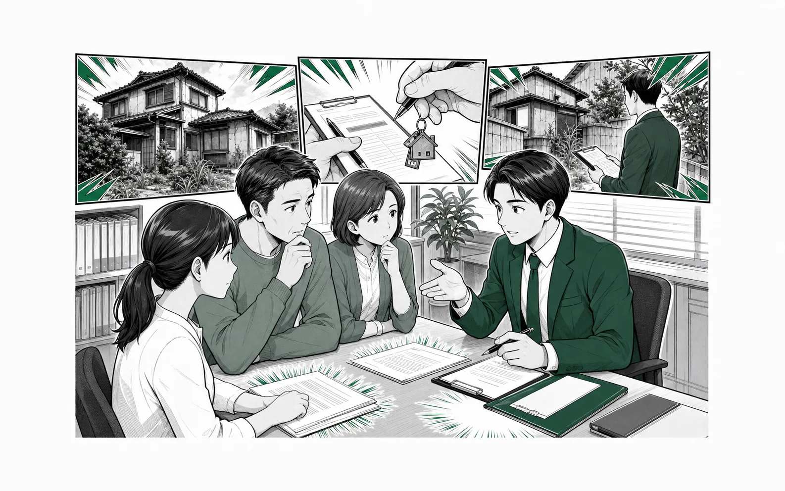 家族が家庭裁判所への書類と空き家管理の引き継ぎを専門家に相談する場面をオリジナル少年漫画誌風に描いた挿絵