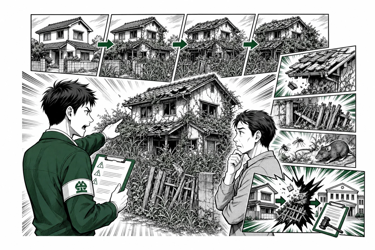 管理不足で傷んだ空き家を所有者と自治体担当者が点検する少年漫画誌風の図解