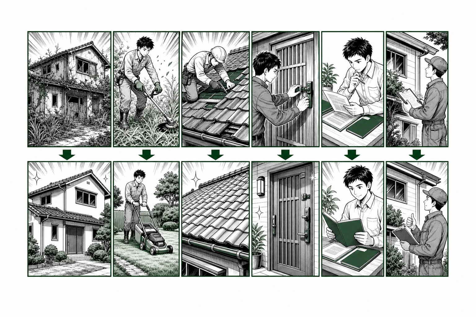 空き家の草刈り・換気・屋根修繕・施錠・保険・定期点検を示す少年漫画誌風の図解