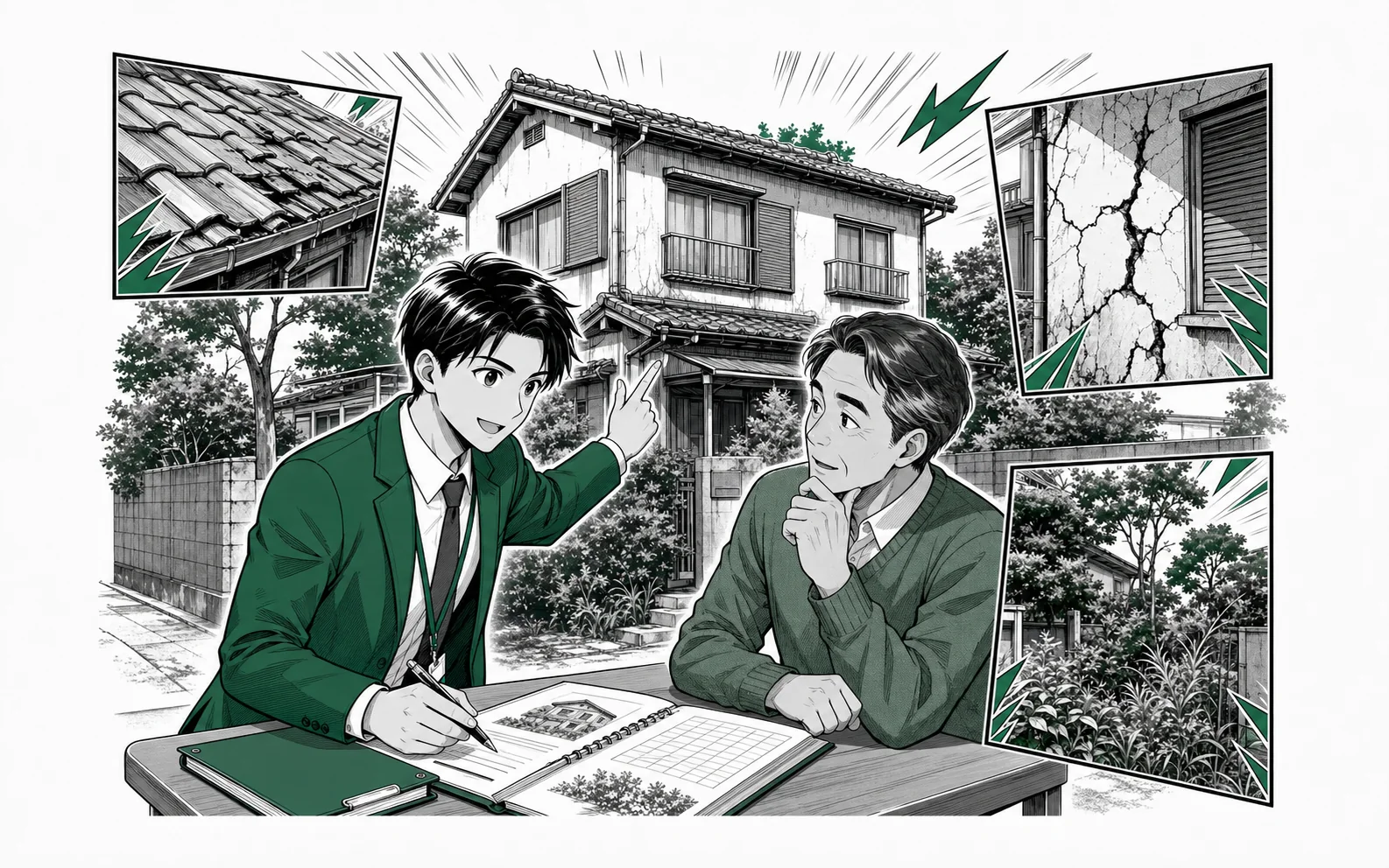自治体担当者と所有者が屋根・外壁・庭木を点検し、管理計画を作る場面をオリジナル少年漫画誌風に描いた挿絵