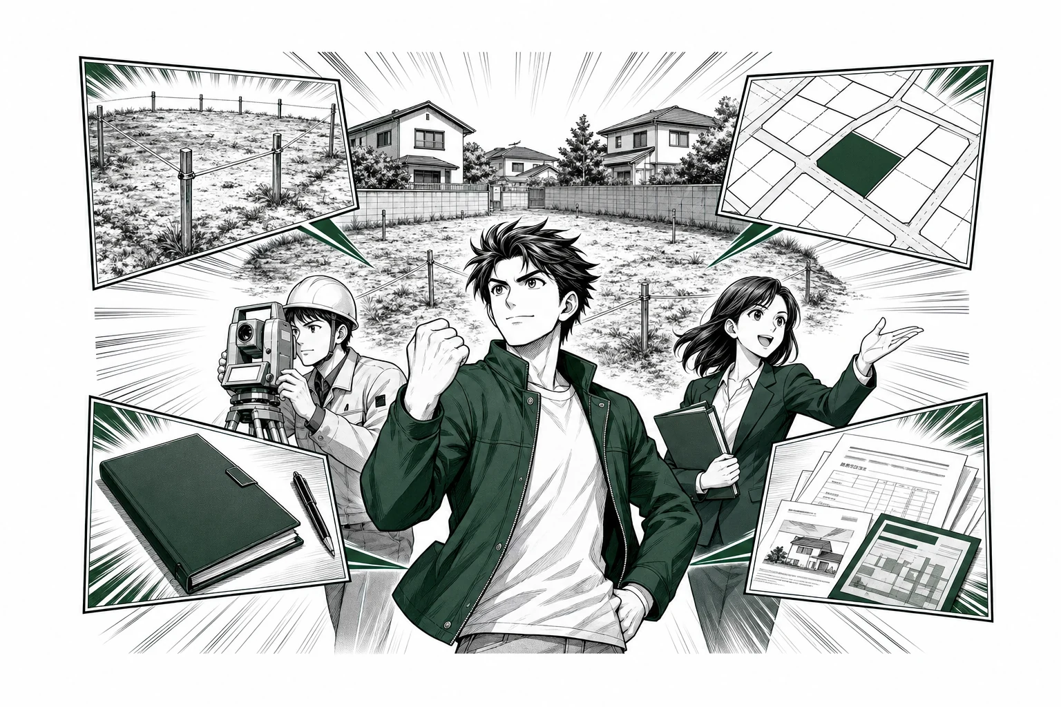空き地の境界・測量・書類・税金を確認し売却準備を進める少年漫画誌風の図解