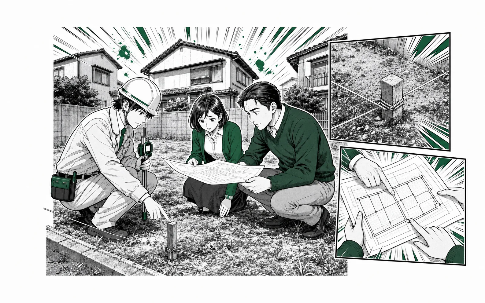 測量士が境界杭を確認し、隣地所有者と土地所有者が図面を照合する場面をオリジナル少年漫画誌風に描いた挿絵