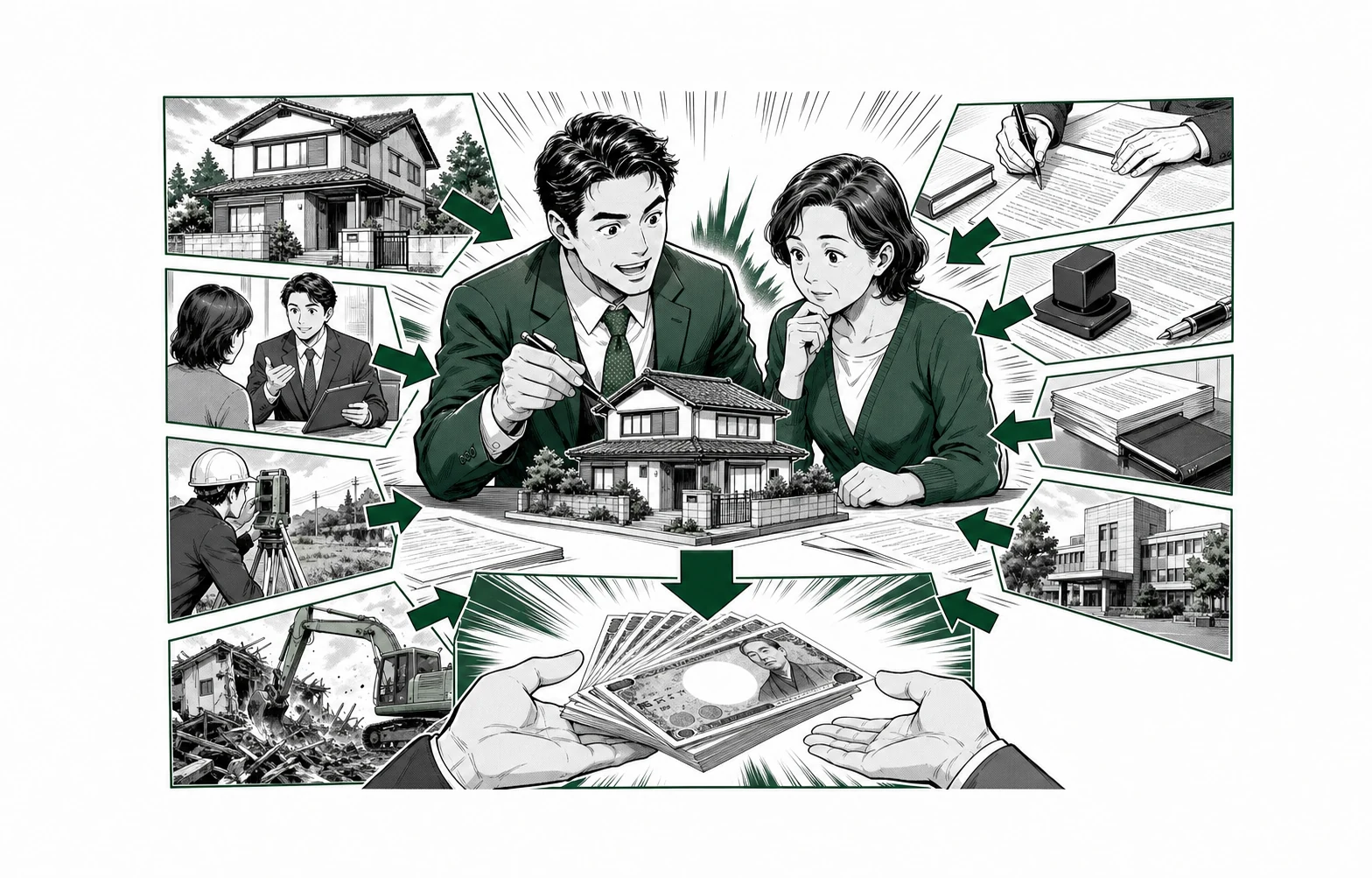 空き家売却価格から仲介・測量・解体・登記・税金を差し引き手取りを確認する少年漫画誌風の図解