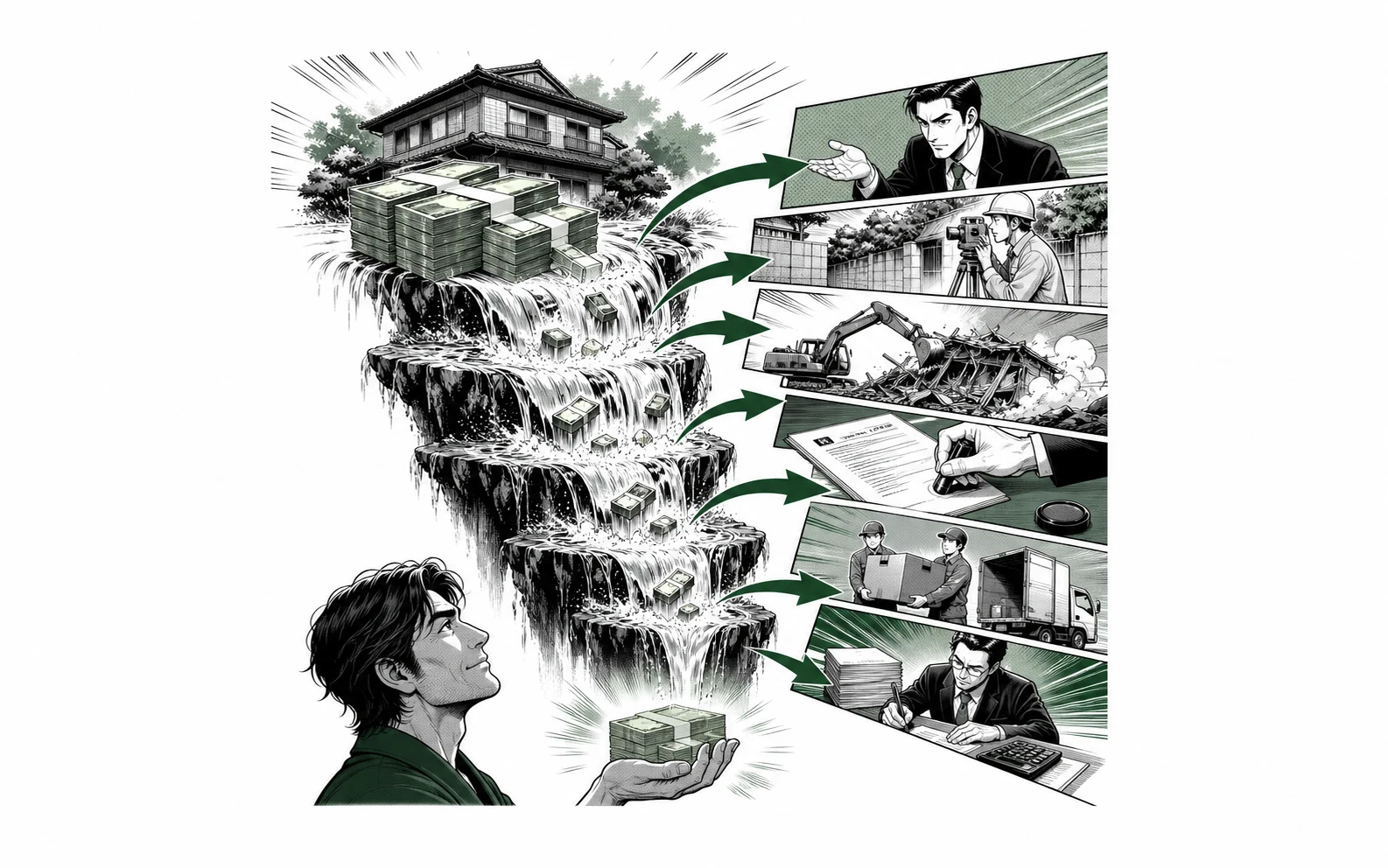 空き家売却代金からローン・仲介・測量・解体・残置物・税金を差し引く少年漫画誌風の図解