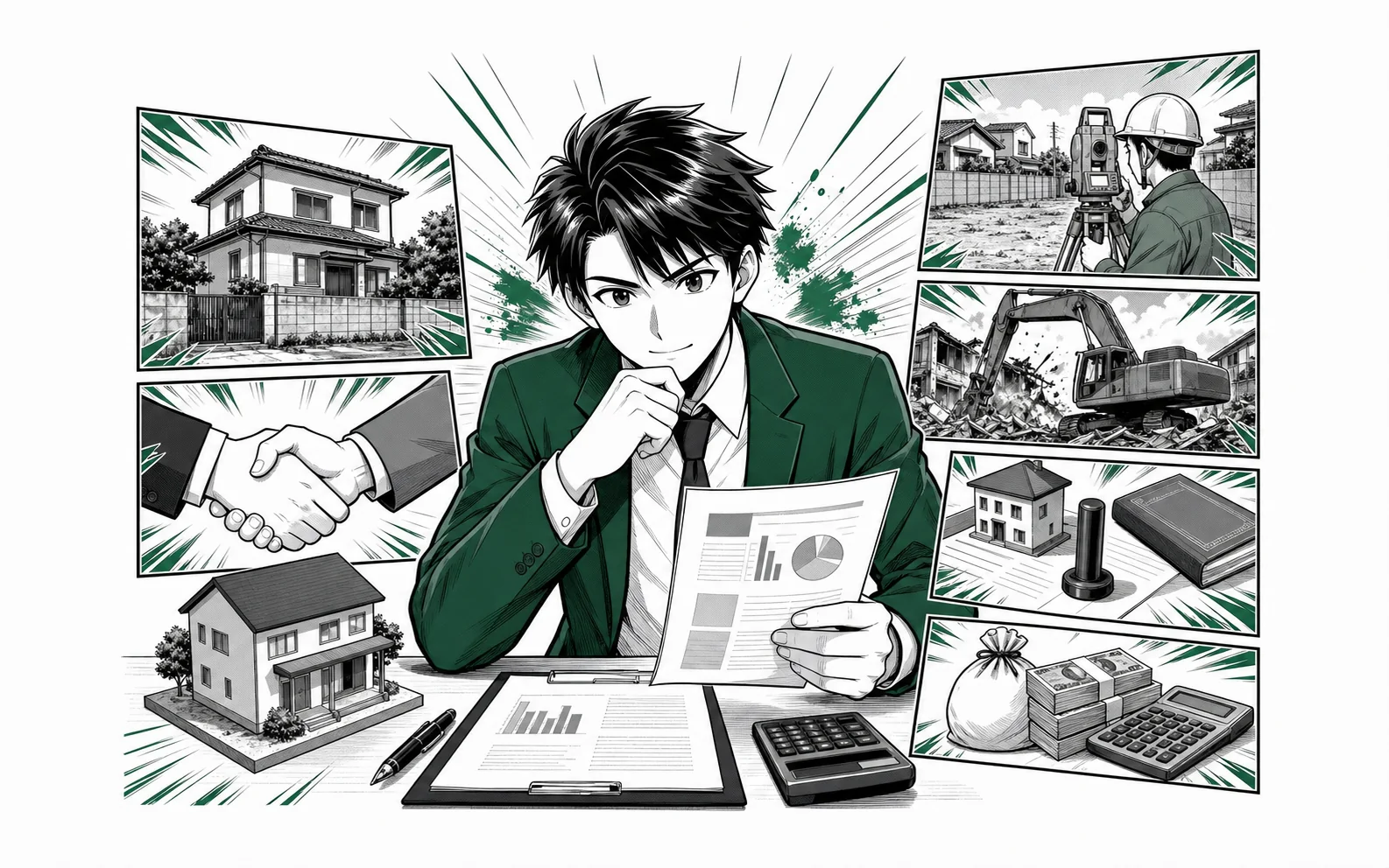 売却代金から仲介手数料・測量・解体・登記・税金を差し引き、手取りを確認する場面をオリジナル少年漫画誌風に描いた挿絵