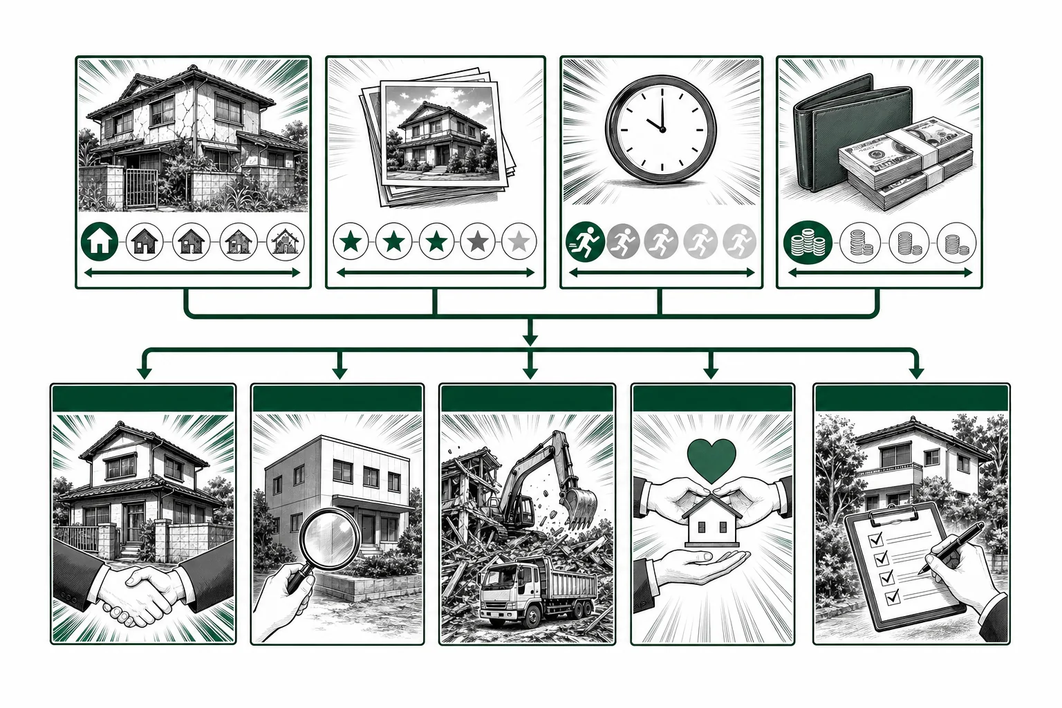 空き家の処分方法まとめの判断手順を少年漫画誌風に整理した図解
