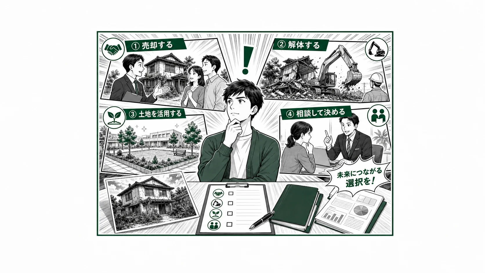 所有者が専門家と空き家の前に立ち・売却・買取・解体・寄付・管理継続の5つの進路と費用資料を比較する様子を少年漫画誌風に描いた挿絵