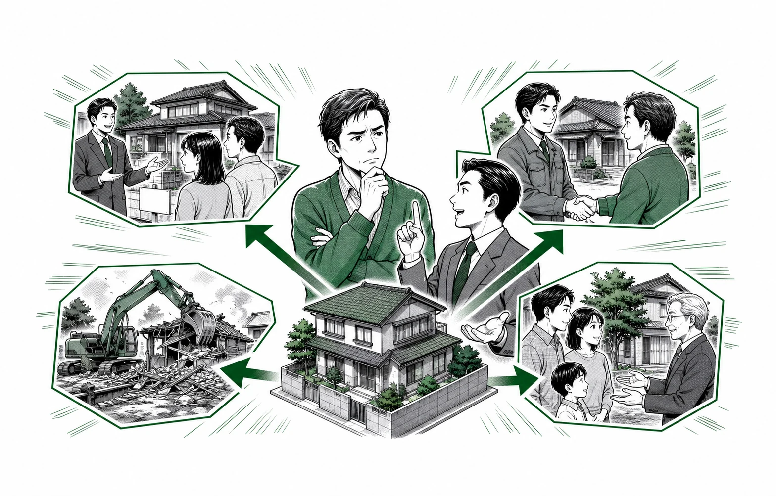 空き家の仲介売却・買取・解体後の土地売却・譲渡を少年漫画誌風に比較した図解