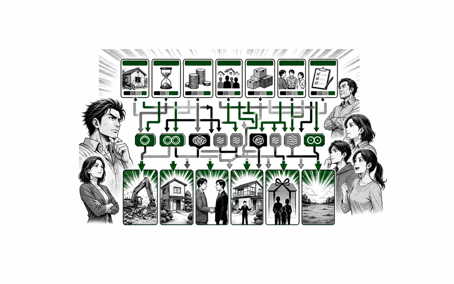 建物状態・時間・費用・需要・残置物・家族合意から空き家処分方法を選ぶ少年漫画誌風の図解