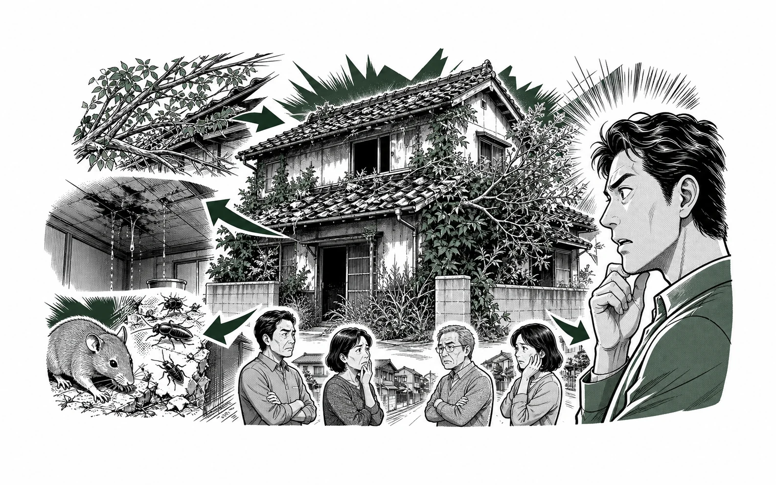 放置空き家の枝・雨漏り・害虫・近隣苦情などのトラブルを少年漫画誌風に示した図解
