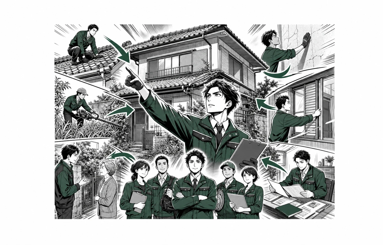 空き家の屋根・外壁・庭・換気・近隣連絡を専門家が点検する少年漫画誌風の図解