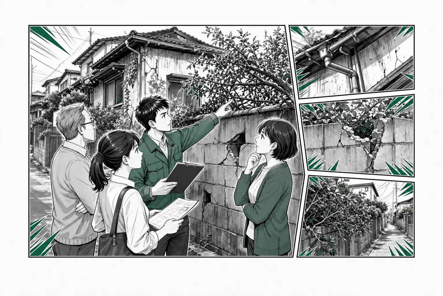 傷んだ空き家の塀・枝・雨樋を、所有者と近隣住民が専門家と確認する場面をオリジナル少年漫画誌風に描いた挿絵