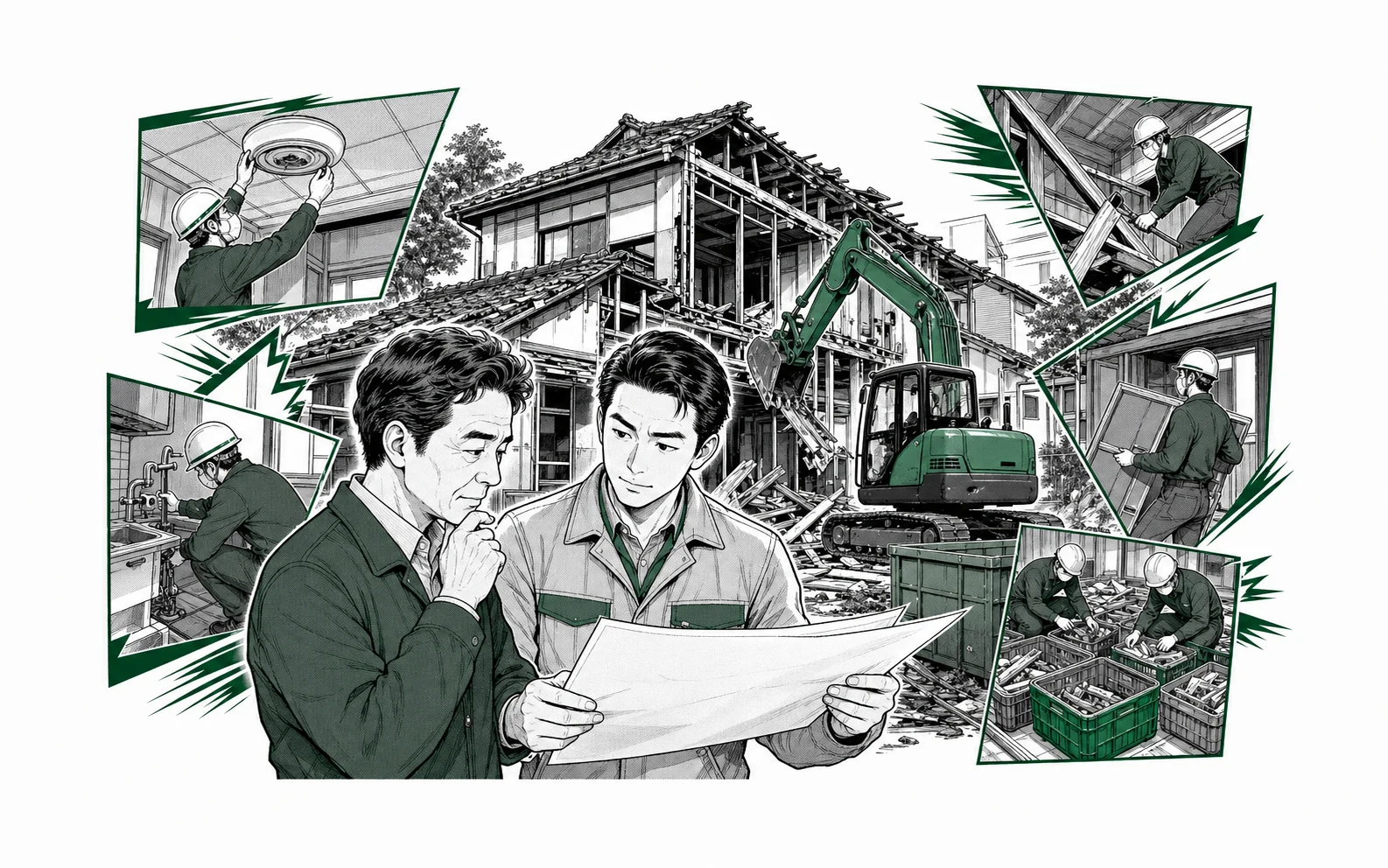 空き家の解体前に所有者と施工業者が見積もりと工事工程を確認する少年漫画誌風の図解