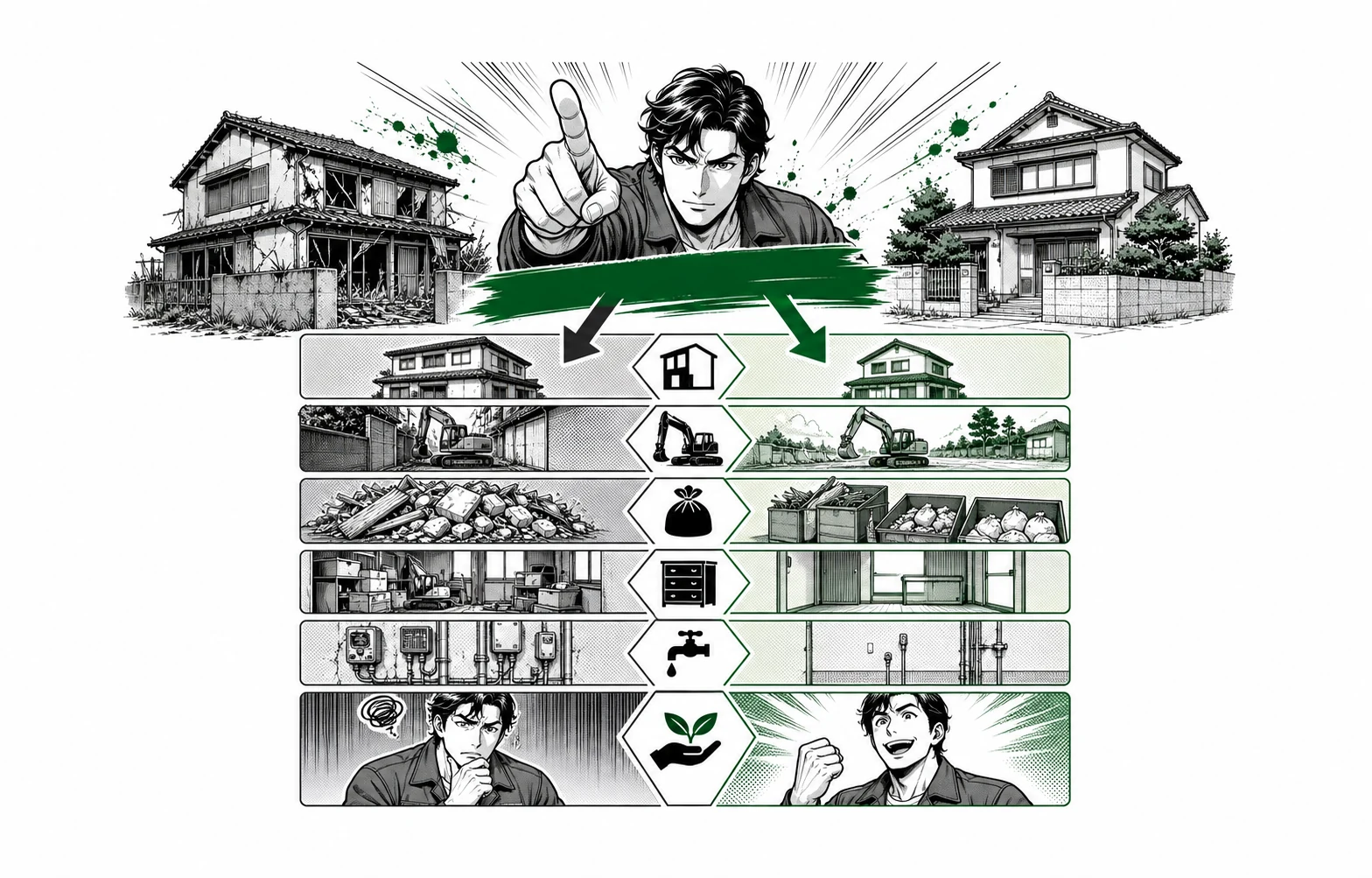 空き家撤去費用を建物・重機進入・廃材・残置物・設備・補助制度で比較する少年漫画誌風の図解